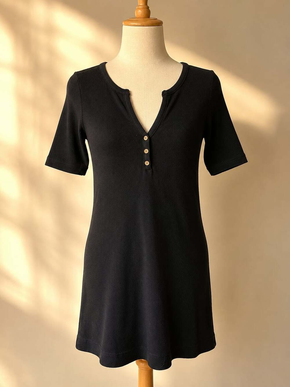 Natural Life Black Thermal Mini Dress S Waffle Knit Henley Y2K 90s Boho Tunic